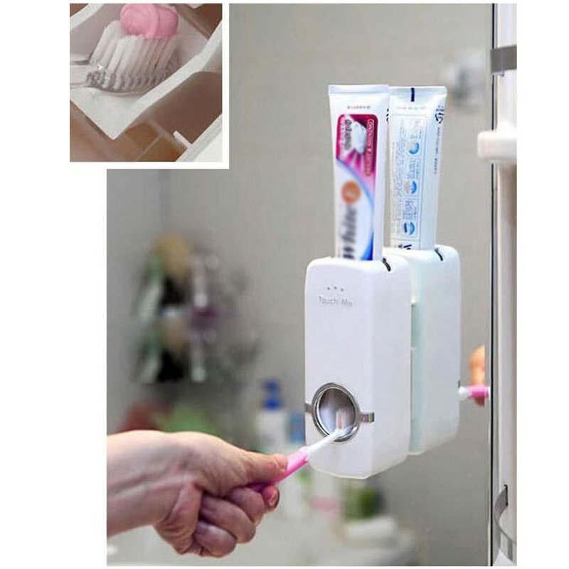 ชุดอุปกรณ์ห้องน้ำแปรงสีฟัน Automatic Toothpaste Dispenser ผู้ถือแปรงสีฟัน Wall Mount Rack ห้องน้ำชุดเครื่องมือ