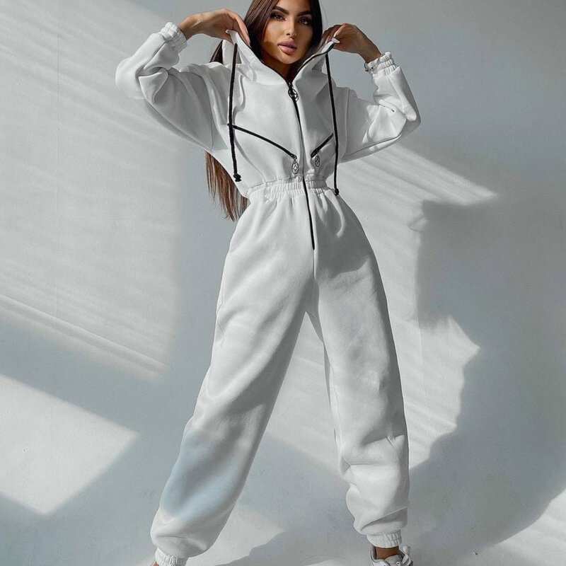Casual Women Tracksuit Autumn Winter Hooded Jumpsuits Rompers Set Solid Hoodies Pants One-piece Suit Female Clothes Black White