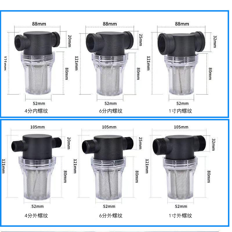 Filtros de plástico transparente para irrigação, filtros de 1/2 ", 3/4" e 1"