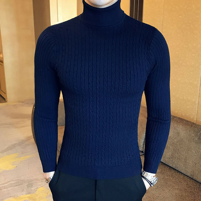 Suéter quente grosso com gola alta masculina, blusão de marca de tricô slim fit para homens 2021