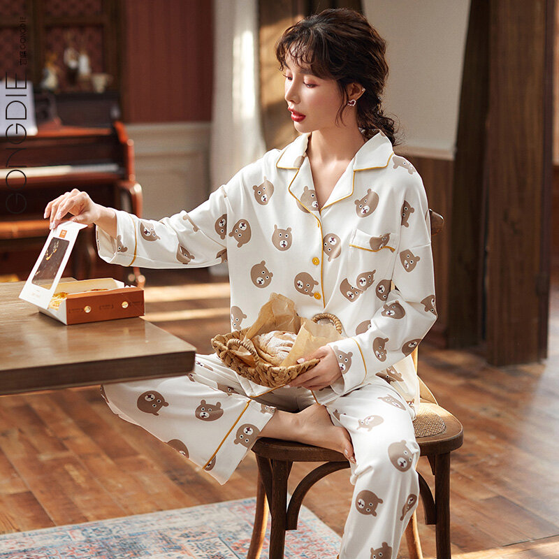 Pijamas gongo de manga comprida para casal, pijamas femininos para primavera e outono, conjunto de duas peças fino com desenhos animados, bonito de cardigã masculino, roupa doméstica casual