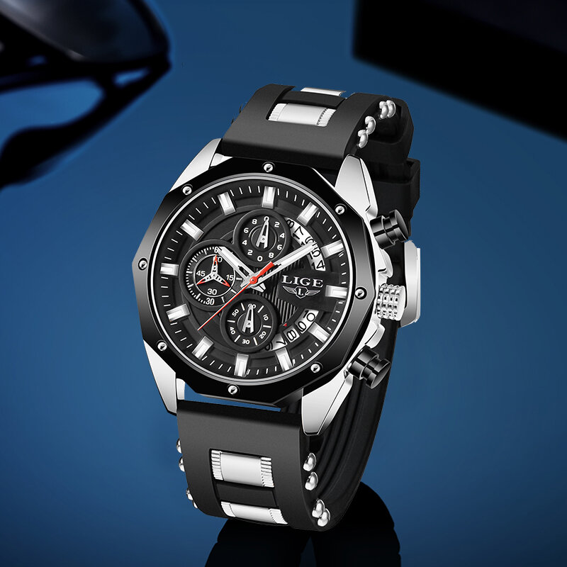 LIGE-스포츠 크로노그래프 남성용 시계, 가죽 밴드 손목 시계, 큰 다이얼 쿼츠 시계, 빛나는 포인터 포함, 2020