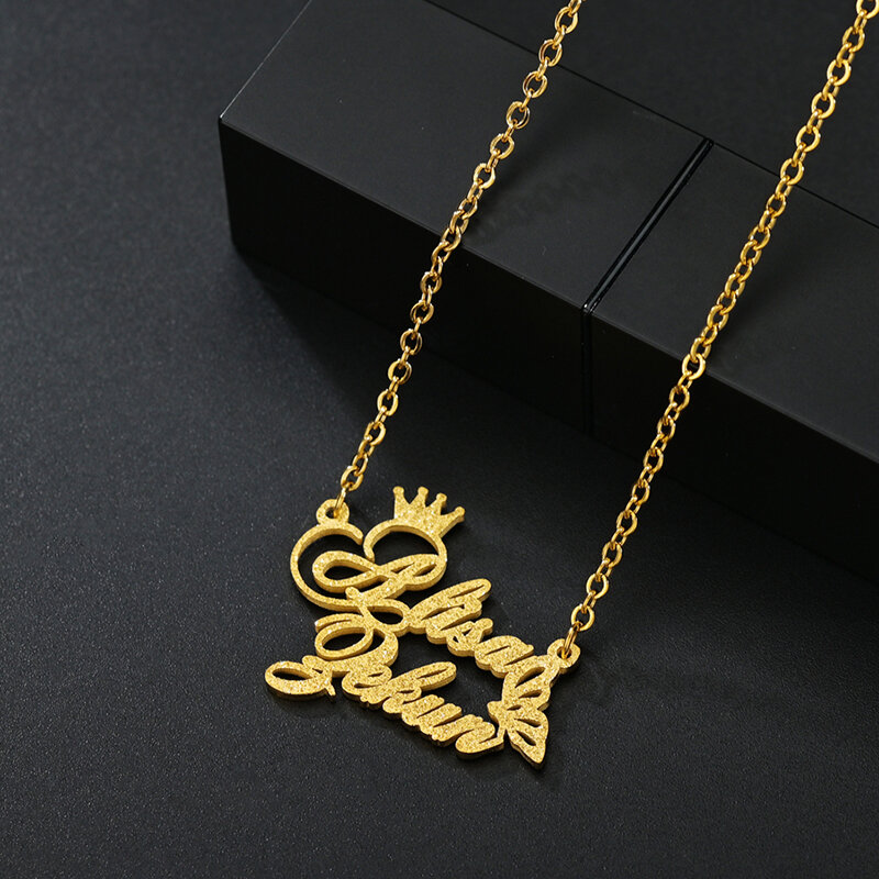 Spark Trendy Custom Frosted Double Name Necklace Gold Personalized Nameplate Crown Butterfly Necklaces For Women Jewelry Gift