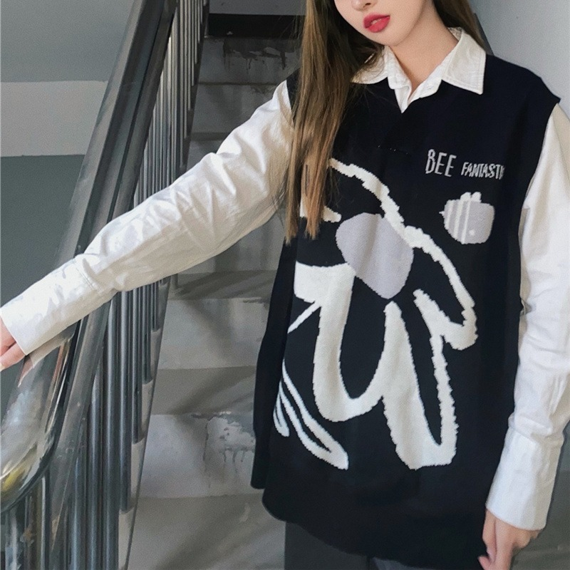 QWEEK Rompi Sweter Motif Bunga Wanita Hitam Tanpa Lengan Baju Indie Tank Estetika Gaya Korea Musim Gugur 2021 Atasan Vintage Mode