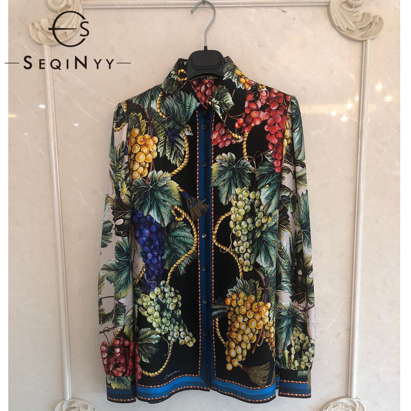 SEQINYY Runway Blouse 2020 Spring Autumn New Fashion Design Women Grape Retro Tassel Print Black Silk Sicily Shirt