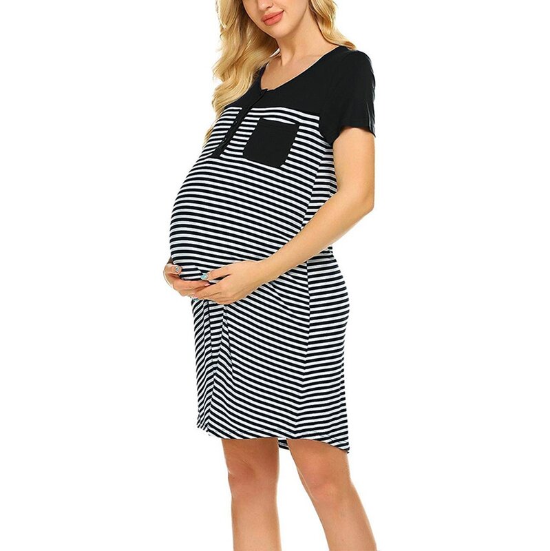 Mulheres maternidade manga curta bolso listrado vestido de enfermagem para amamentação verão gravidez embarazada vestido roupas