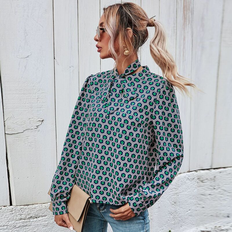 DUYIT Temperament Shirt With Bowknot Autumn New Printed Long-Sleeved Half-High Collar With Women's Commuter Top