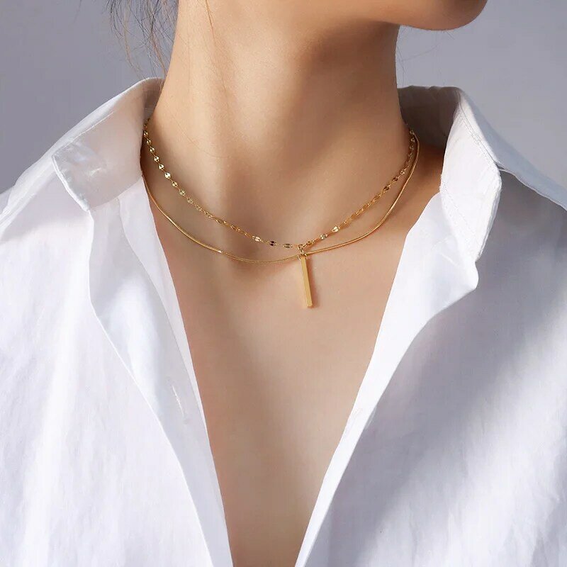 Liontin Persegi Panjang Desain Geometris Baja Tahan Karat Kalung Multi Lapis Hadiah Rantai Tulang Selangka untuk Wanita Perhiasan Aksesori