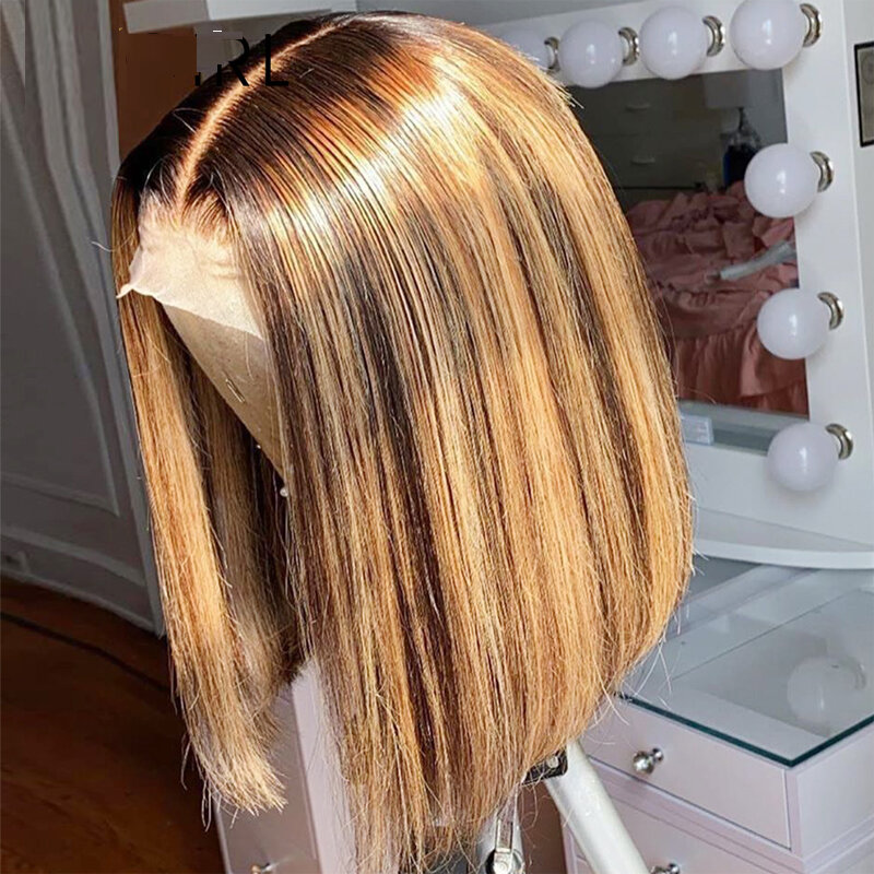 Remy Ombre Dark Brown Blonde Highlight 13x4/6 Lace Part Wig For Black Women With Baby Hair Blunt Cut Short Bob U part Daily Wigs