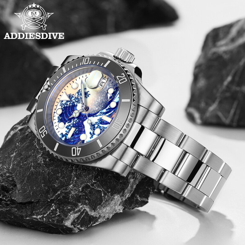 Addies Dive w nowym stylu mężczyźni surf watch super świecąca tarcza 200m zegarek dla nurka czarna ceramiczna ramka szkiełka zegarka NH35 automatyczne mechaniczne zegarki