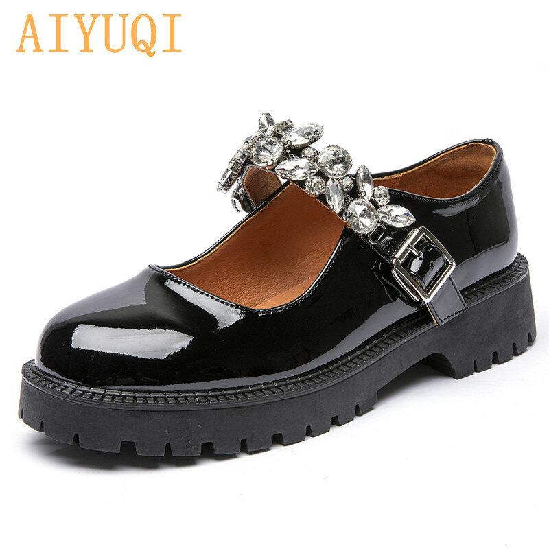Mary Jane Shoes Ladies Rhinestones 2021 Latest Summer Shin Patent Leather Women Loafers Trend British Style Platform Girl Shoes