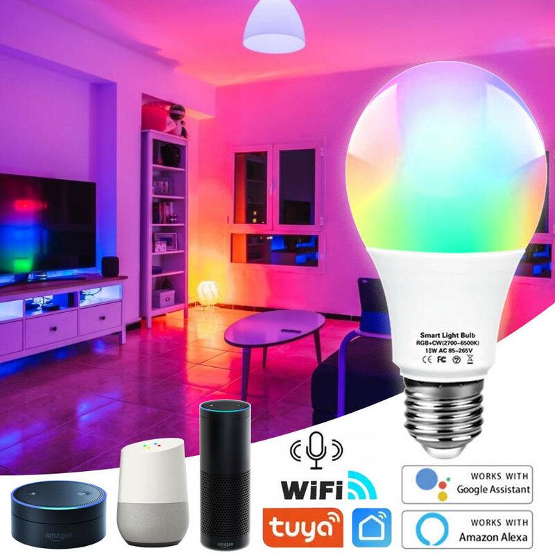 Умная Светодиодная лампа с Wi-Fi, E27, Tuya, умная лампочка, 220 В, светодиодная лампочка RGB, CW, WW светильник Вт, 15 Вт, 18 Вт, лампочка с Wi-Fi для дома