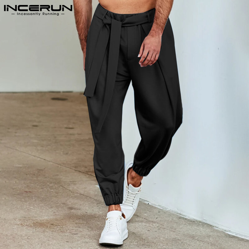 INCERUN เสื้อกันหนาวแฟชั่นสไตล์ผู้ชาย Lace-Up กระชับ Pantanons Casual Streetwear หลวมยาวกางเกงกางเกงชาย S-5XL INCERUN