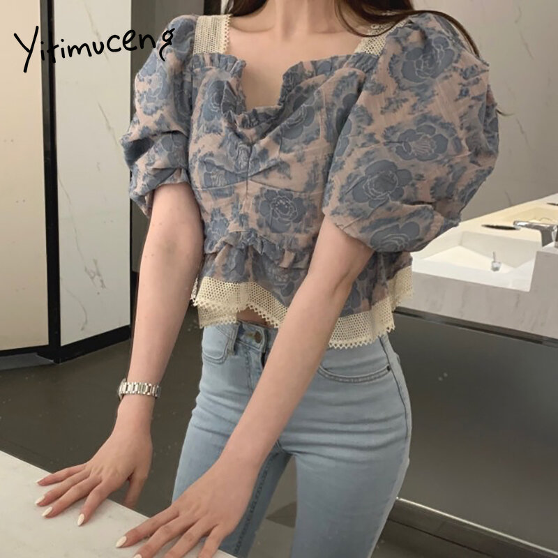 Yitimuceng Vintage Floral Print Shirt Women Ruched Oversize Tops Korean Fashion Ruffles Blouse Short Puff Sleeve 2021 Summer