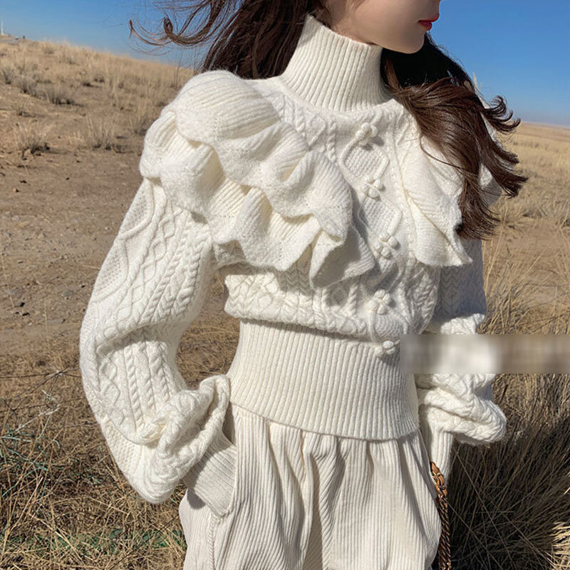 ฤดูใบไม้ร่วงฤดูหนาวสีขาวหวานถักเสื้อกันหนาวผู้หญิง Ruffles ถัก Pullovers Kawaii เสื้อคอเต่าหลวมเสื้อพัฟ...