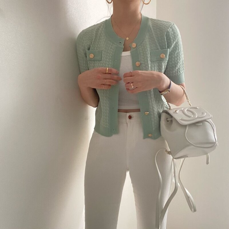 女性用半袖カーディガン,韓国セーター,日焼け止め付きショートトップ,ニット,半袖,シルク,新品,2021年夏