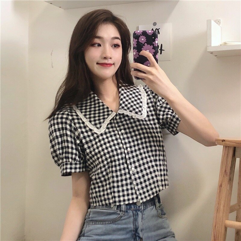 Camisa de xadrez de manga curta, elegante estilo coreano, camisa feminina