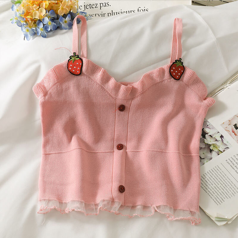 Sweet Lolita Style  Knitted Camisoles Women Strawberry Embroidery Cute Mesh Ruffles Crop Tank Tops Girls Harajuku Camis Y2k New