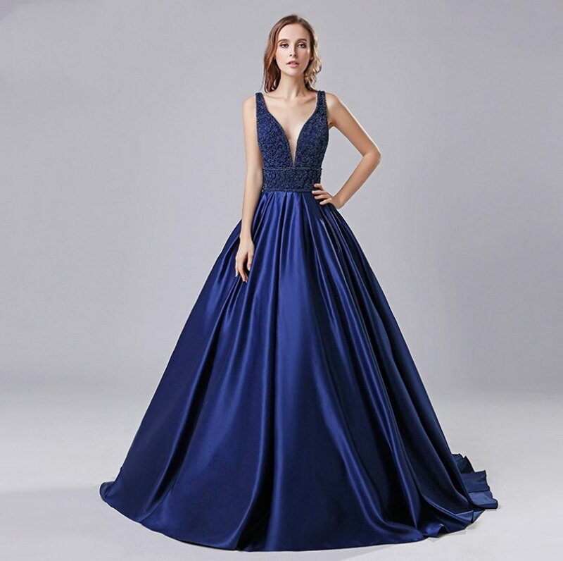 2021 heißer Verkauf Perlen Marineblau V-ausschnitt Sleeveless A-Line Abendkleid Party Kleid Backless Prom Kleid