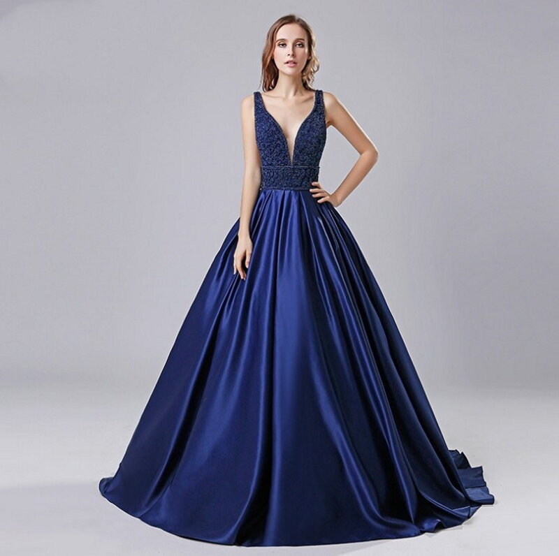 Robe de soirée de forme trapèze, col en v, sans manches, bleu marine, perles, dos nu, tenue de bal, offre spéciale, 2021