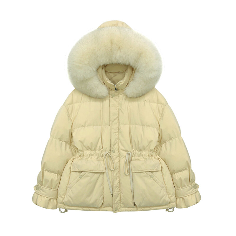 겨울 대형 여우 모피 칼라 후드 자켓 여성 90% 화이트 오리 코트 다운 하이 웨스트 퍼프 슬리브 아웃웨어 허리 개폐식
