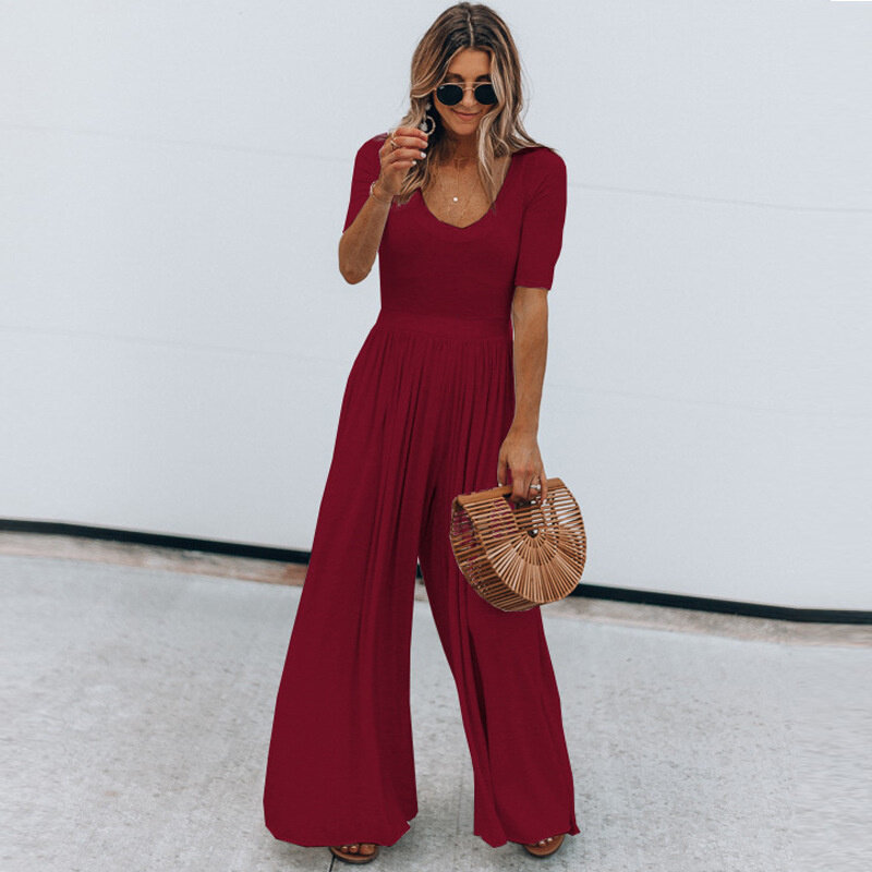 High waist jumpsuit women's summer plus size new temperament slim round neck solid color casual pants trousers HH077