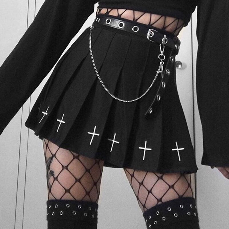 Black High Waist Gothic Pleated Skirts Women Vintage Punk A-line Mini Skirt Spring 2020 Aesthetic Chic Hip Hop Streetwear Grunge