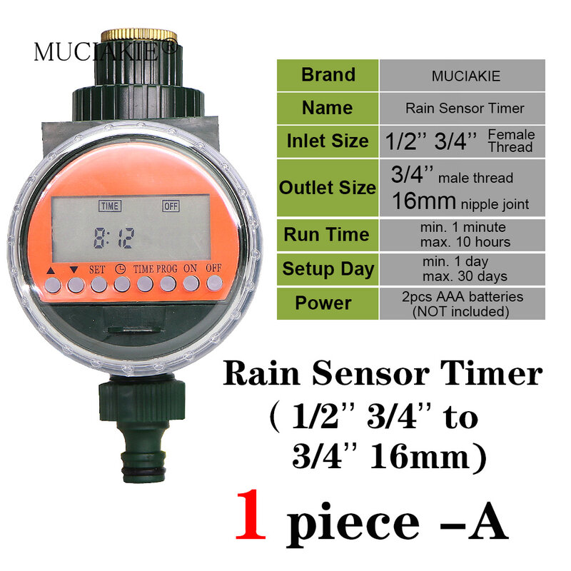 MUCIAKIE-Kit de temporizador de agua para jardín diferentes modelos, dispositivos controladores del agua para el jardín de 5 tipos diferentes, de dial doble, riego, LCD, sensor de lluvia, de 1/2"3/4'' junta para grifo