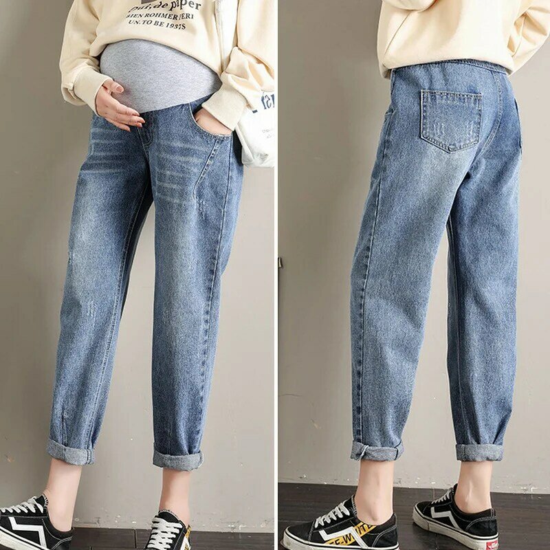 Fashion Pregnancy Harem Pants Boyfriend Jeans Maternity Trousers for Pregnant Women High Waist Loose Denim Streetwear Plus Size