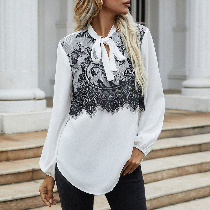 2021 Autumn New Style Puff Sleeve Black Lace Stitching Bow Long Sleeves Blouse Fashion Solid Color Casual Design Women