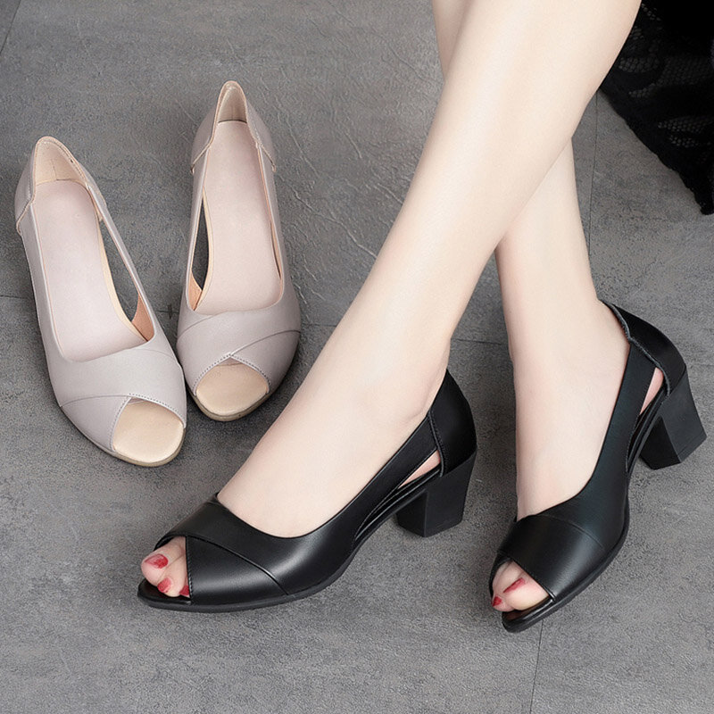 2020 Summer Women Dress Shoes Peep Toe Office Work Shoes Medium Heels Pumps Open Toe Woman Sandals Black zapatos mujer 8127N