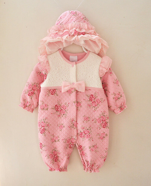 Зимняя одежда для новорожденных девочек, утепленный Цветочный комбинезон принцессы, комплекты одежды для девочек, боди + шапки