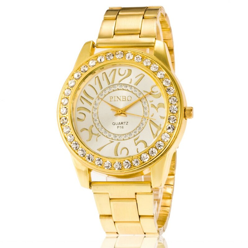 Relojes de aleación de acero para hombre y mujer, pulsera de cuarzo con diamantes de imitación, a la moda, de oro falso