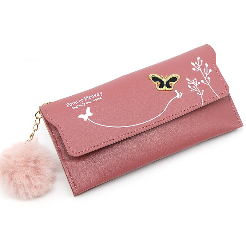 New Fashionable Women Long Wallets Pure Color Wool Ball Bow Clutch Bag Card Bag Coin Purse Standard Wallets PU Solid Polyester