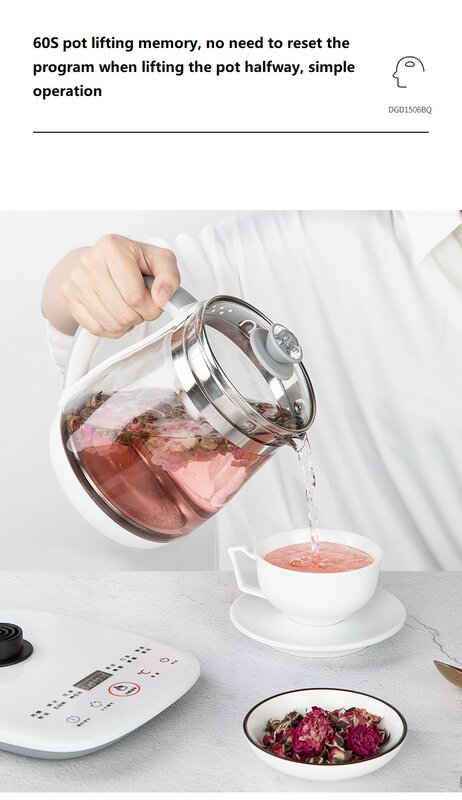 220V 1.5L Household Electric Kettle Automatic Glass Health Preserving Pot Portable Mini Multi Cooker Tea Dessert Cooker
