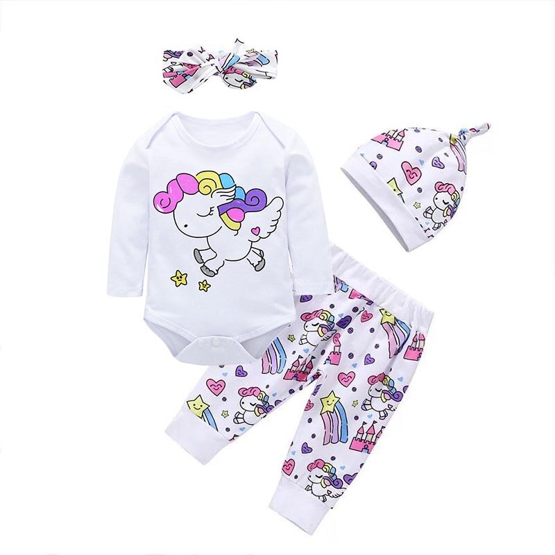 신생아 유아 패션 아기 소녀 의류 세트 2020 가을 유니콘 유니콘 탑스 바디 슈트 + 바지 + 모자 3PCS 아기 소녀 복장 세트