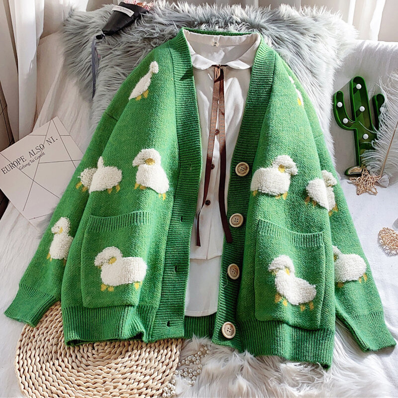 Cárdigan de invierno para mujer, jersey holgado abrigo de punto con estampado de ovejas y dibujos animados, chaqueta con cuello en v, 2020