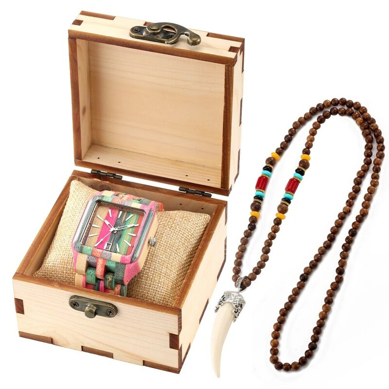 Vintage Männlichen Quarz Armbanduhr Holz Perlen Halsketten mit Box Fashion Square Kalender Holz Uhr Halskette Geschenk Set für Männer