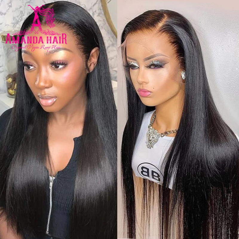 Perruque Lace Frontal Wig brésilienne naturelle, cheveux lisses, 30 pouces, 180% Transparent, pour femmes