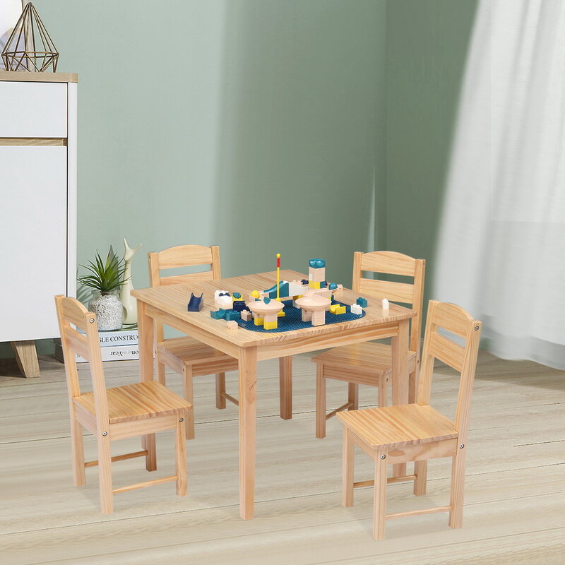 Conjunto de mesa y sillas de madera para niños, mesa de pino, cuatro sillas, libro de lectura para colorear, manualidades, mesa de juego