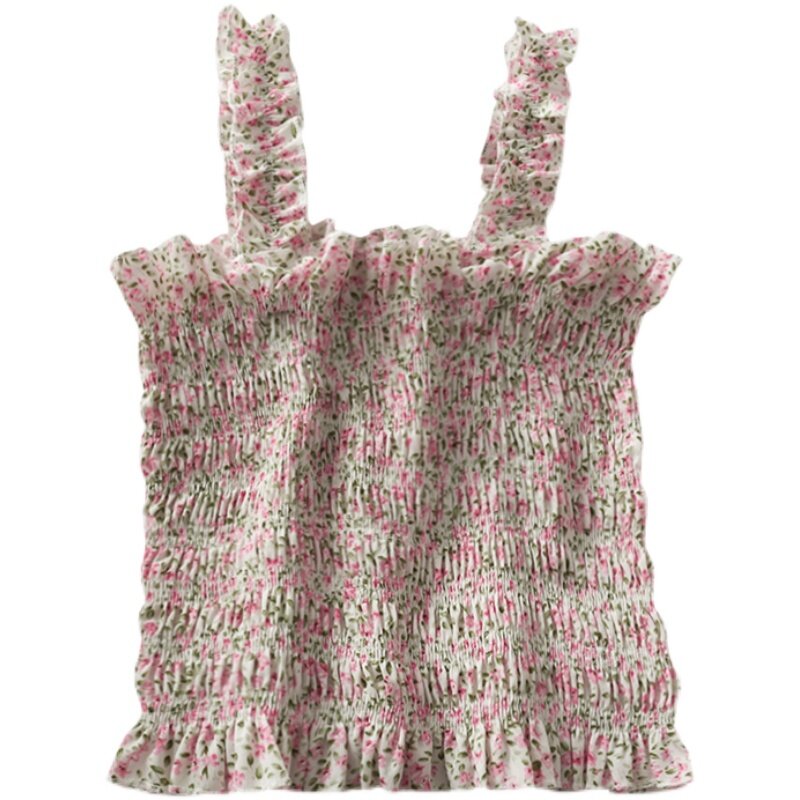 Canotta per ombelico corta corta in legno floreale per donna 2021 nuova maglia sottile dimagrante pieghettata estiva