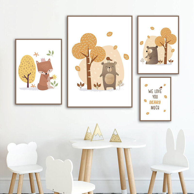 Peinture sur toile avec animaux mignons, ours, renard, nombres jaunes, affiches et imprimés nordiques, photos murales, décor de chambre de bébé pour enfants