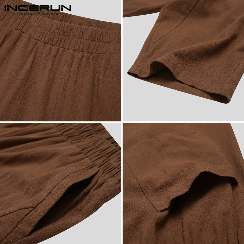 INCERUN – pantalon Vintage à taille élastique pour homme, Streetwear, décontracté, couleur unie, Baggy, ample et respirant, en coton