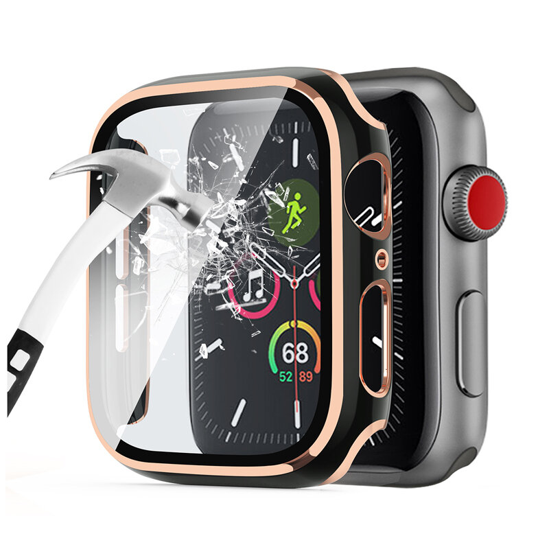 Protetor de tela para apple watch, protetor de tela para apple watch 6 se 5 4 3 2 peça, vidro amortecedor + capa para iwatch 44mm 42mm 40mm 38mm, acessório de borda
