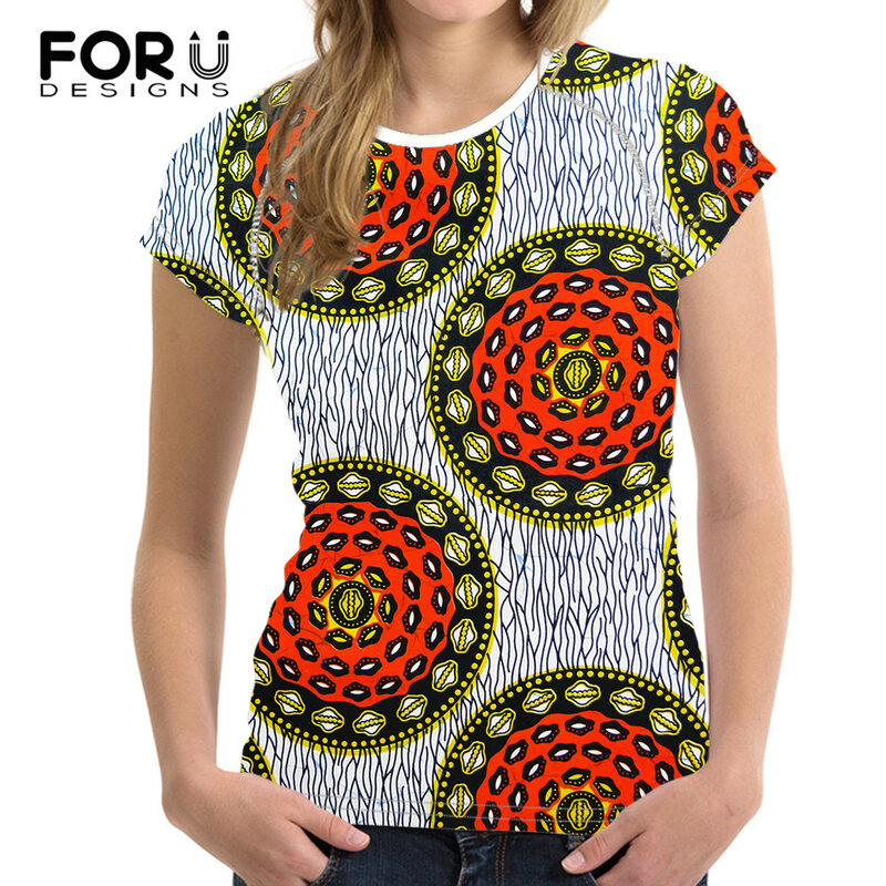 FORUDESIGNS-camisetas de impresión de África para Mujer, Top informal de manga corta, camiseta Harajuku, Ropa para Mujer