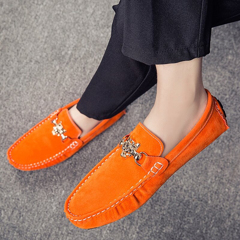 Big size Penny loafers men Casual Fashion Suede Leather Mens Loafer Man Moccasins Slip On Men's Flats Male Driving Shoes Orange