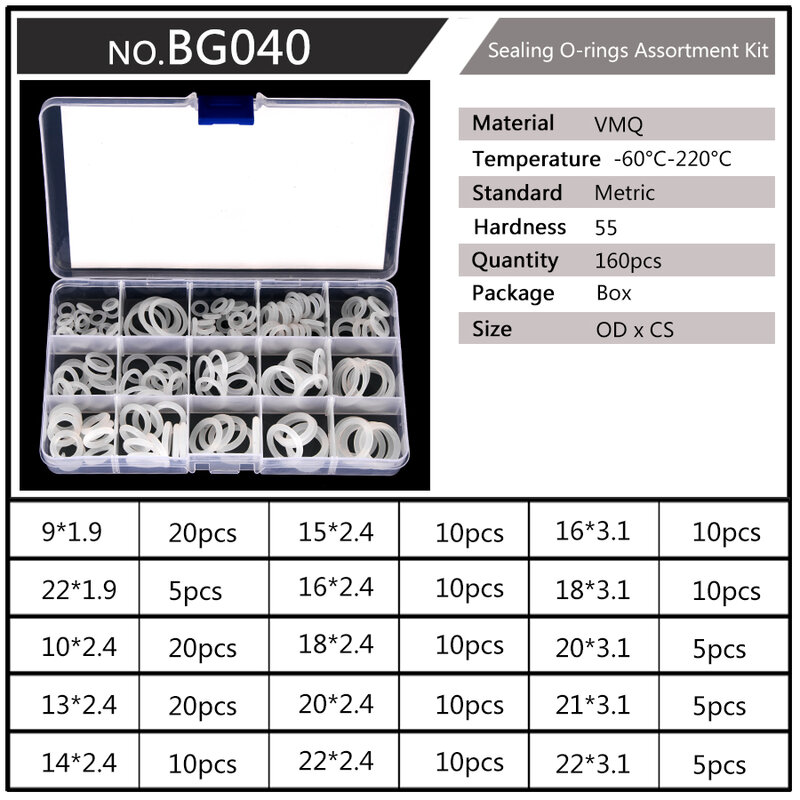 150-225 pces silicone vmq vedação o-anéis branco cs1mm 1.5mm 1.9mm 2.4mm 3.1mm od 6mm-35mmdurable gaxeta o anéis sortimento kit s8