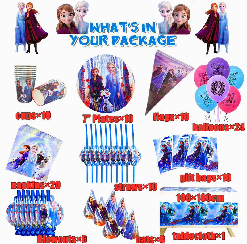 Disney-Juego de vajilla desechable para niños, decoración de fiesta de cumpleaños de princesa Frozen, Anna y Elsa, suministros para Baby Shower