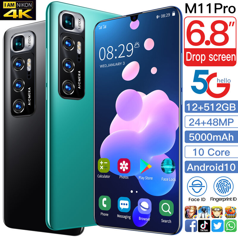 Смартфон горячая Распродажа M11 Pro, 12 + 2021 ГБ, экран 6,8 '', процессор Snapdragon 888, камера 24 МП, Функция Face ID, 10-ядерный процессор, 512 глобальная версия