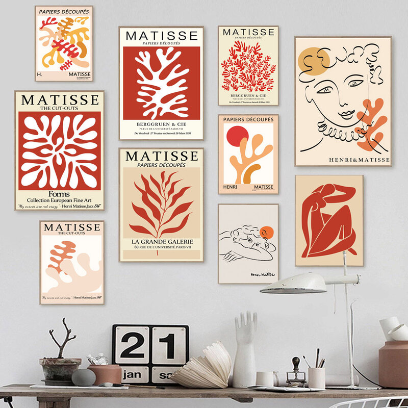 Póster de Arte Abstracto nórdico Matisse, pintura de pared con tema rojo, lienzo, pintura para oficina, sala de estar, dormitorio, decoración del hogar, mural